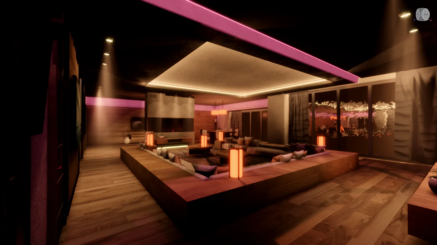 Modern lounge interior with warm accent lighting and a sunken seating area, built in Roblox Studio.