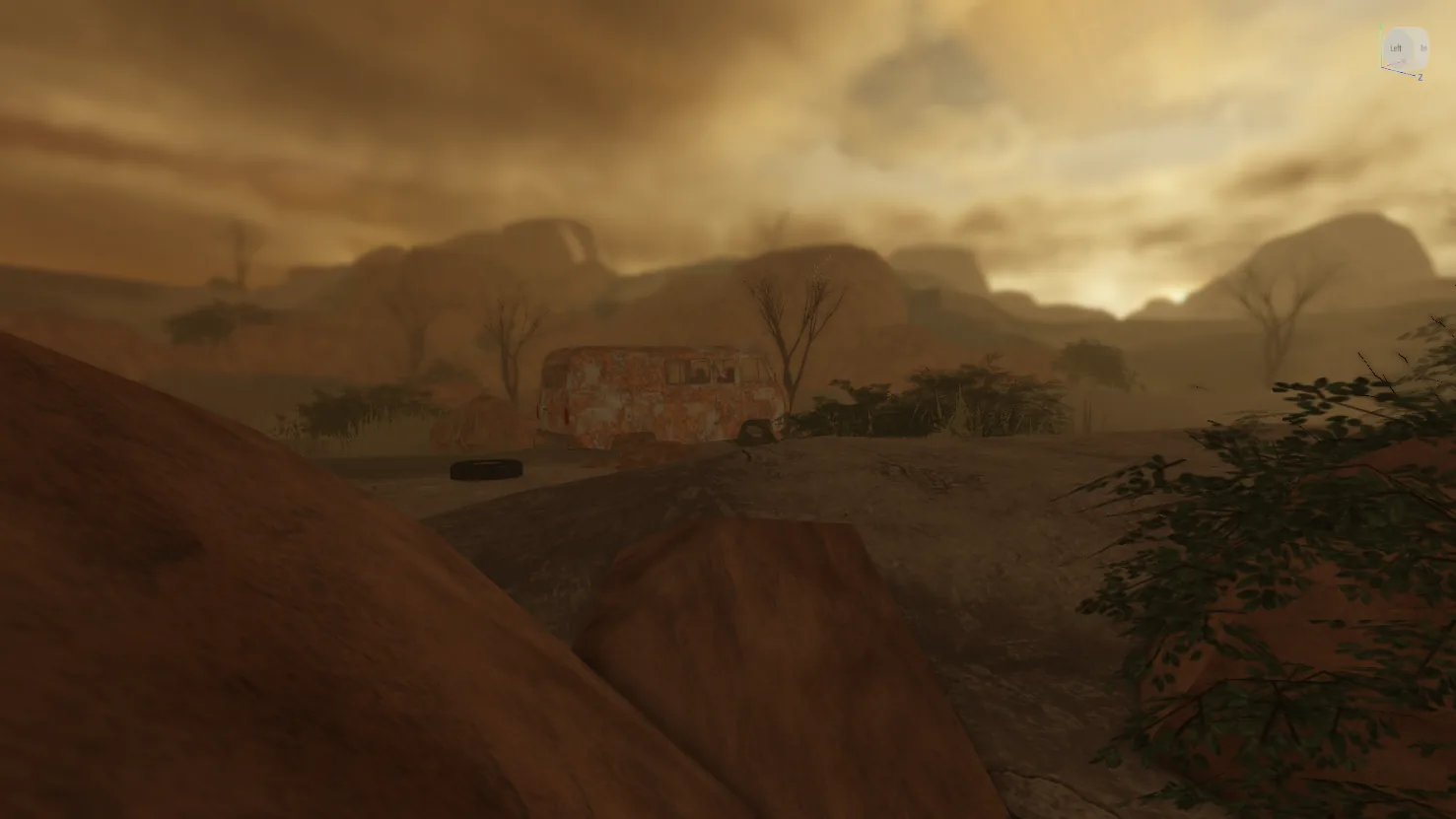 Desert wasteland at dusk with an abandoned van and dead trees in Roblox Studio.