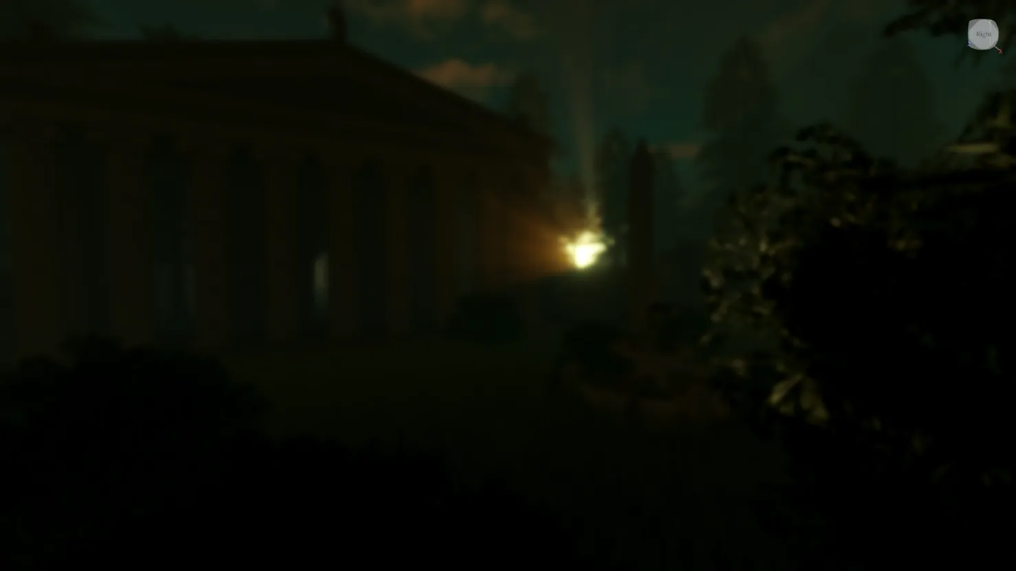 Ancient temple ruins at night with a glowing beam of light between the columns in Roblox Studio.