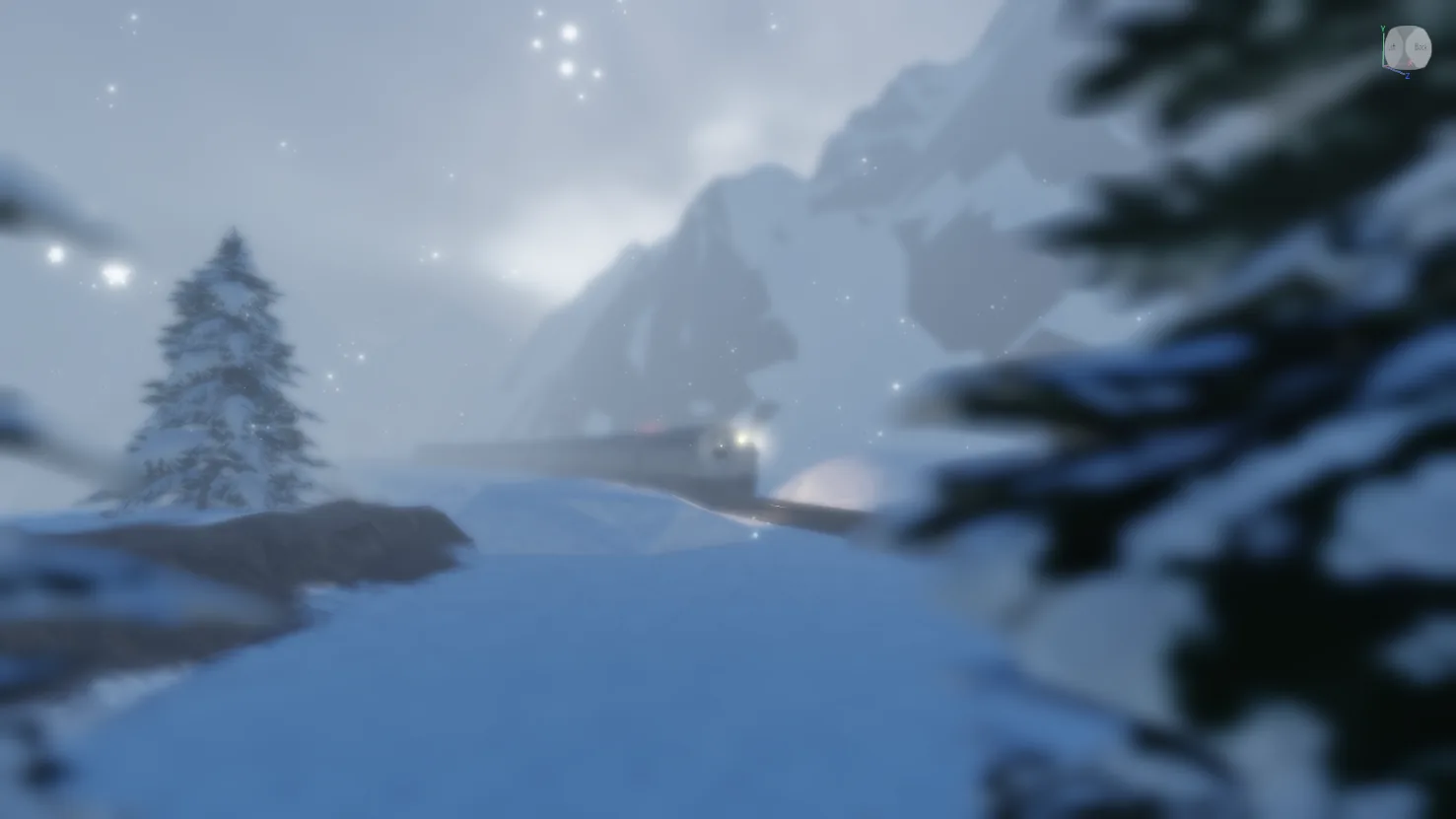 Snowy mountain landscape with a train crossing the slope amid falling snow in Roblox Studio.