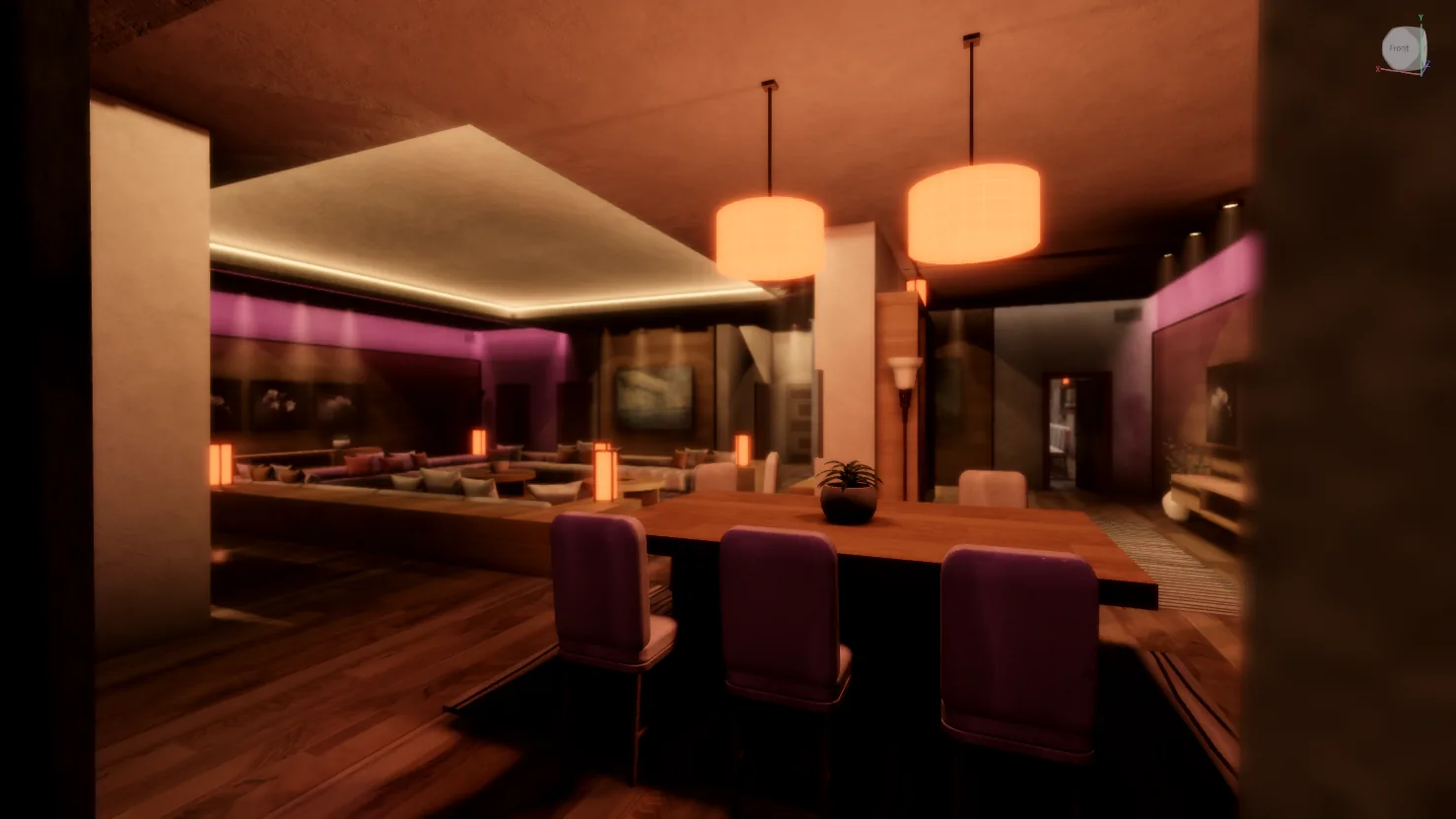 Dining area with pendant lamps and upholstered chairs inside a modern lounge build in Roblox Studio.