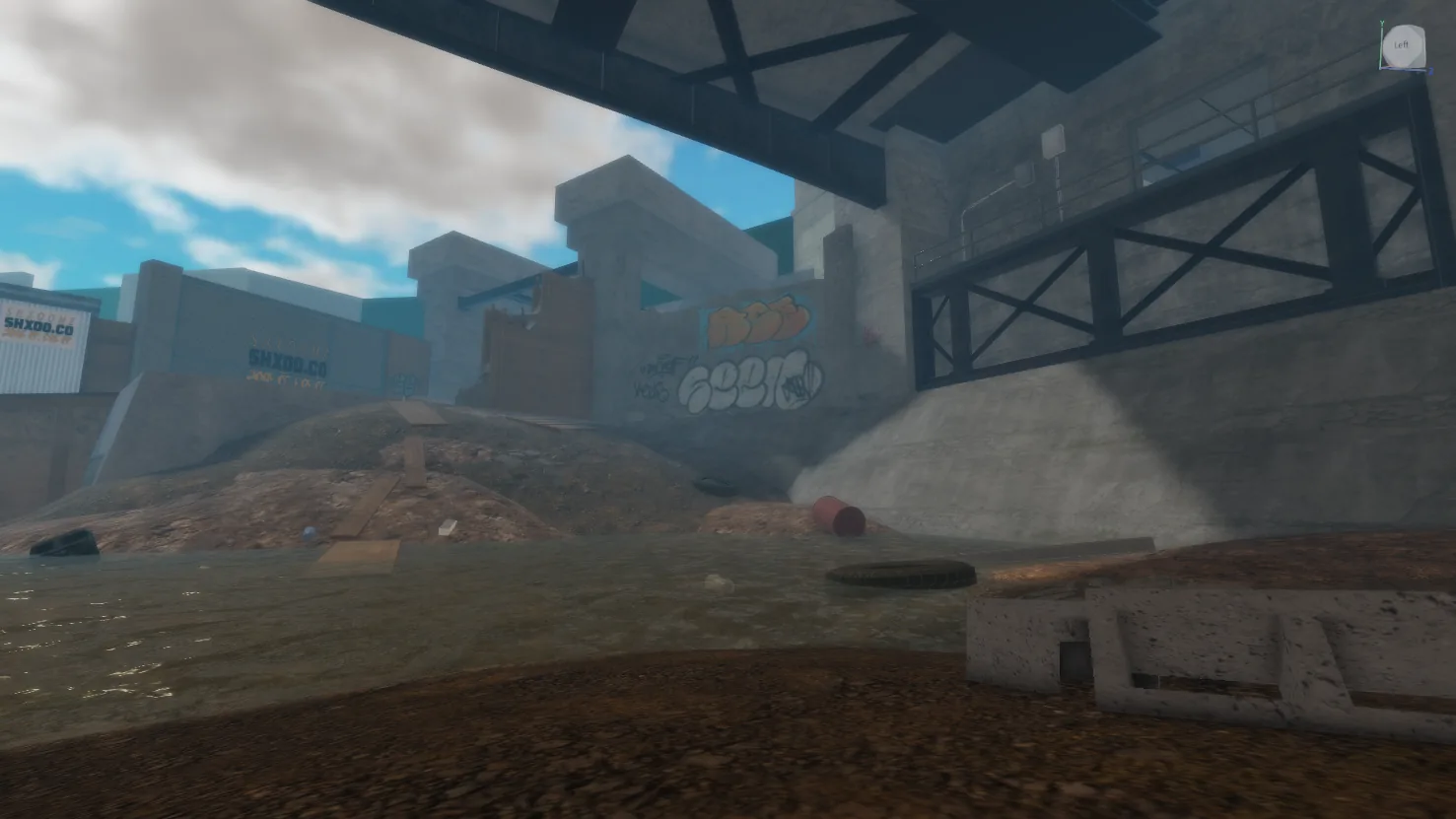 Urban environment beneath a concrete overpass with graffiti walls and shallow water in Roblox Studio.