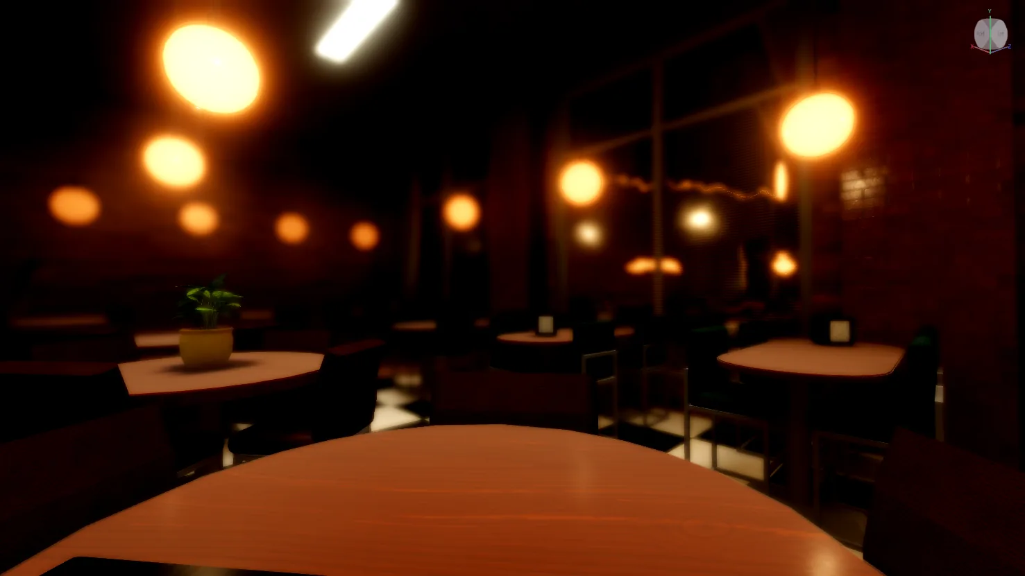 Dimly lit restaurant interior with warm pendant lights and set tables in Roblox Studio.
