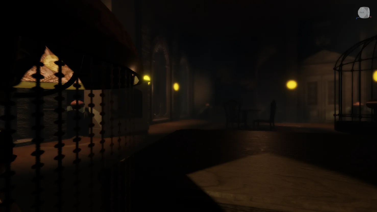 Dark Victorian-style interior with ornate lamps, a birdcage, and arched windows in Roblox Studio.