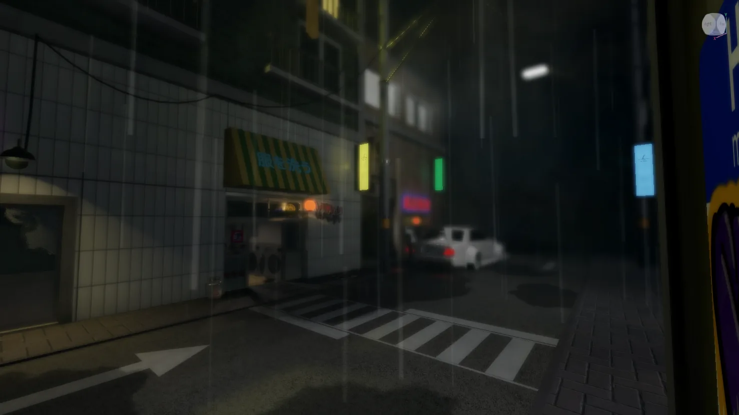 Rainy city street at night with neon signs and a laundromat storefront in Roblox Studio.