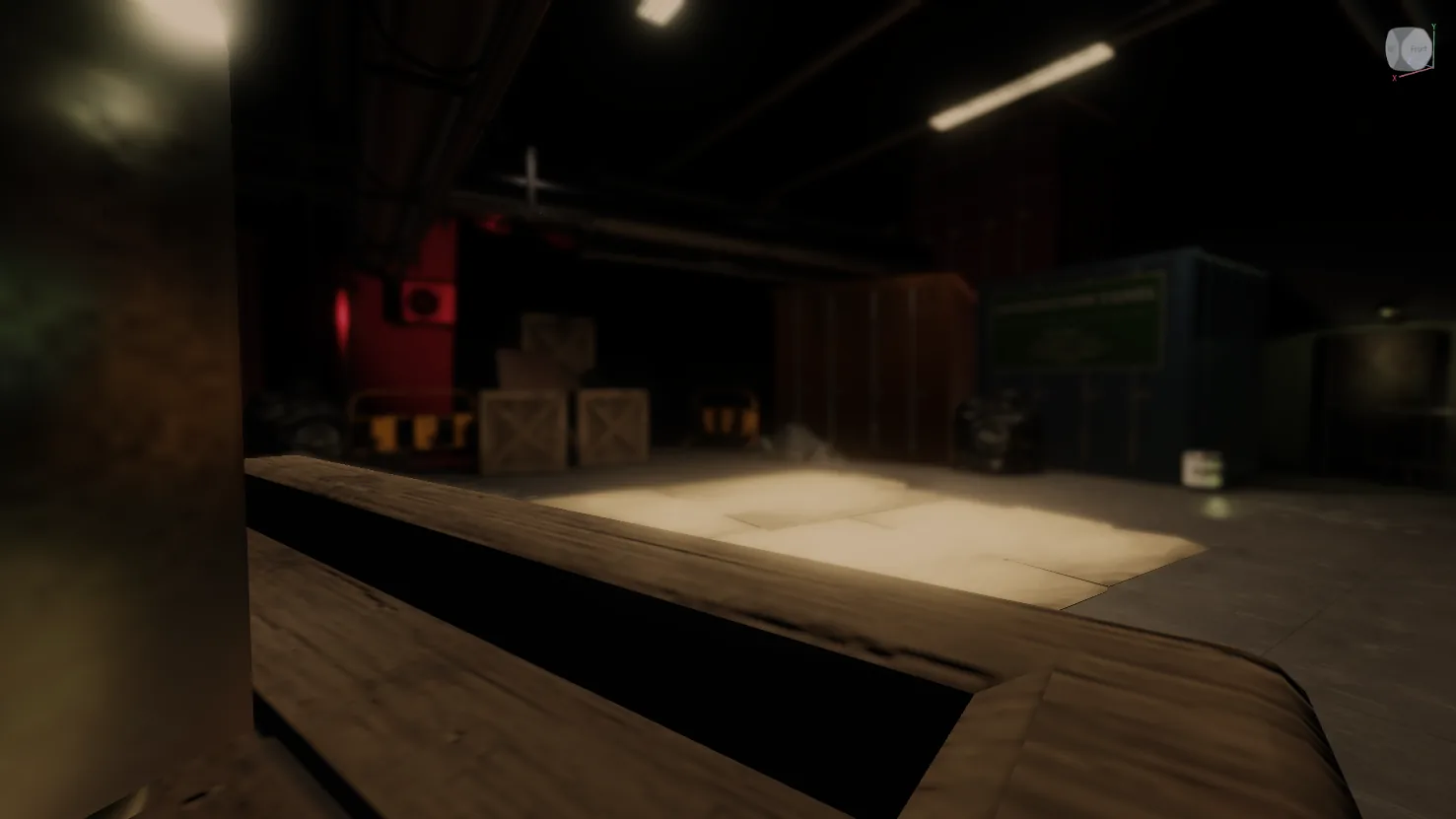 Dark warehouse interior with wooden crates, containers, and red emergency lighting in Roblox Studio.