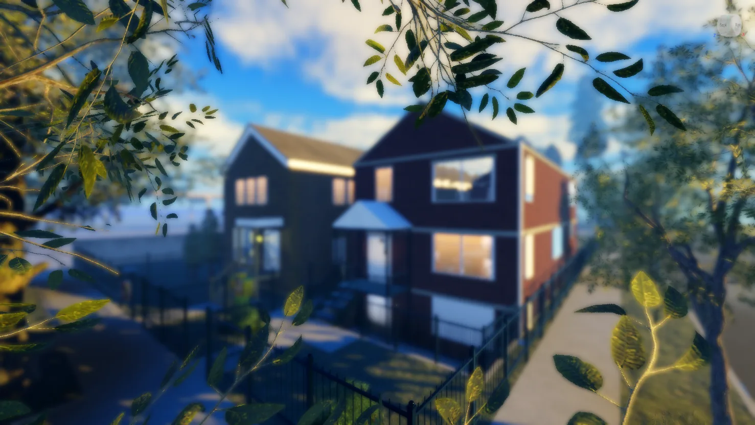 Suburban houses seen through tree branches in daylight, built in Roblox Studio.