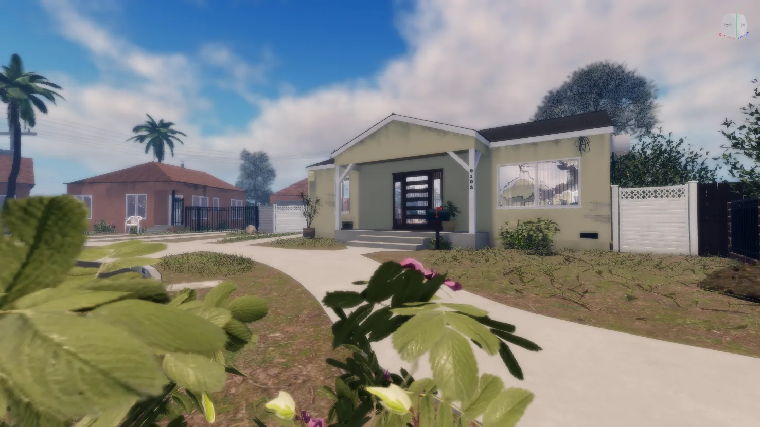 Suburban street with single-story homes, palm trees, and garden paths in Roblox Studio.